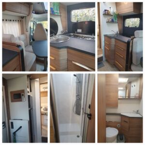 Intérieur moderne de camping-car avec cuisine et salle d'eau.