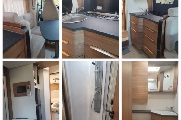 Intérieur moderne de camping-car avec cuisine et salle d'eau.