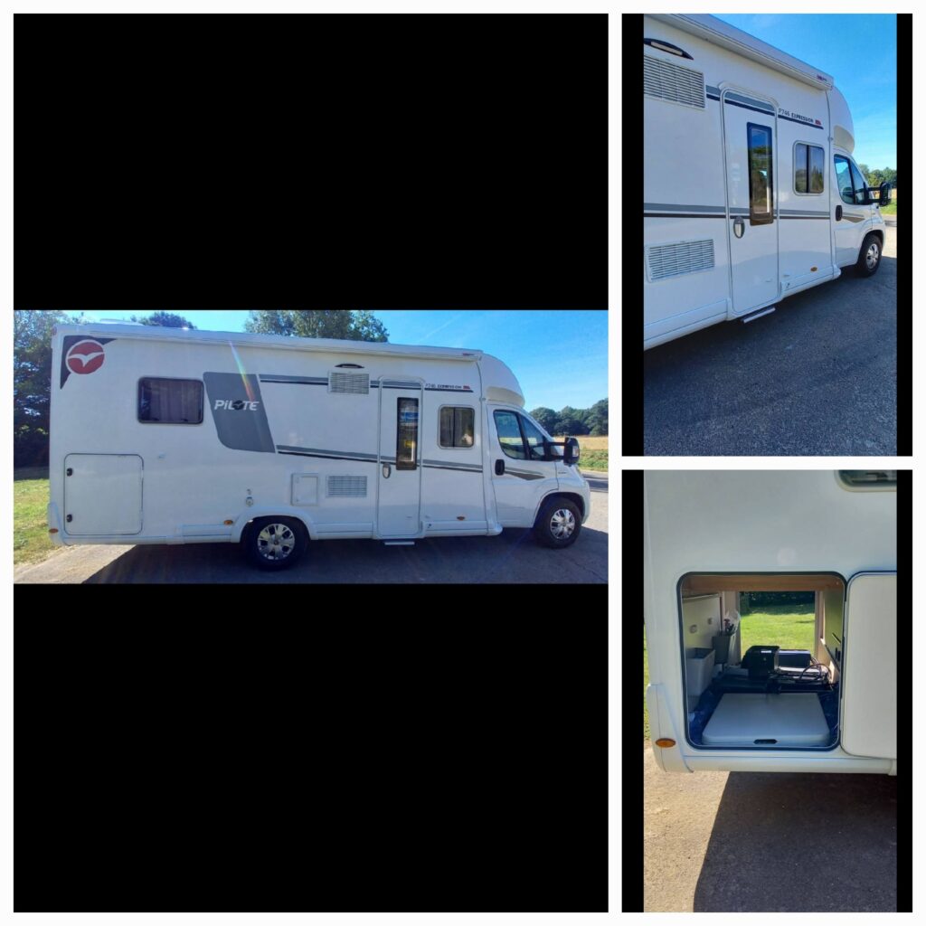 Camping-car Pilote blanc, extérieur et intérieur ouvert