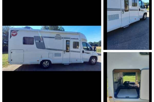 Camping-car Pilote blanc, extérieur et intérieur ouvert