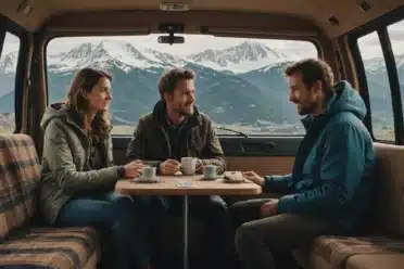 Trois amis discutant dans un van avec vue montagneuse