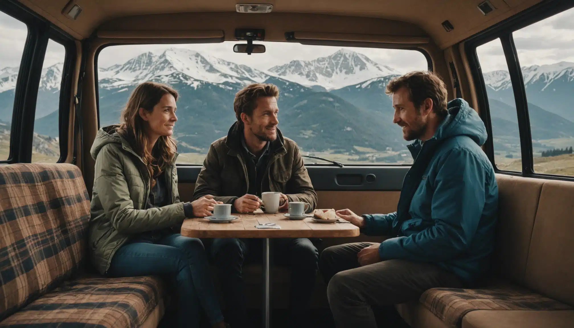 Trois amis discutant dans un van avec vue montagneuse