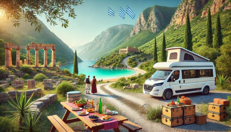 Camping-car près d'une côte grecque pittoresque