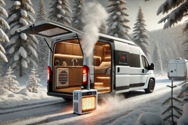 Camping-car ouvert en hiver avec paysage enneigé