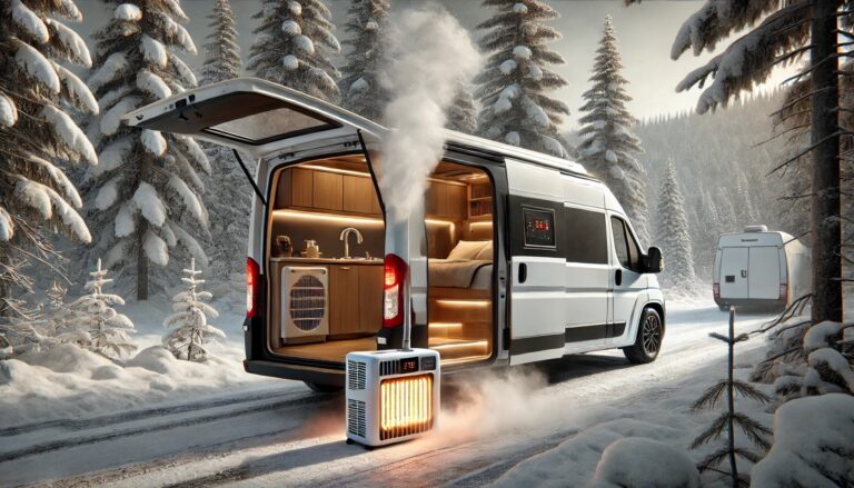 Camping-car ouvert en hiver avec paysage enneigé