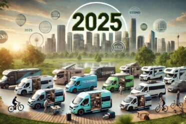 Parc de camping-cars futuristes dans ville éco-responsable 2025