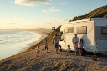 Famille profitant d'un coucher de soleil près de leur camping-car