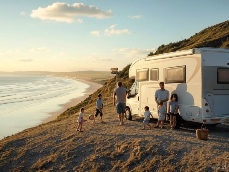 Famille profitant d'un coucher de soleil près de leur camping-car