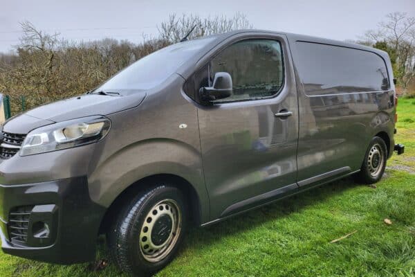Fourgonnette grise garée sur herbe verte