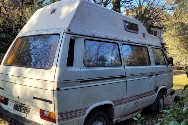 1TP272Weißer Lieferwagen in einem bewaldeten Garten geparkt