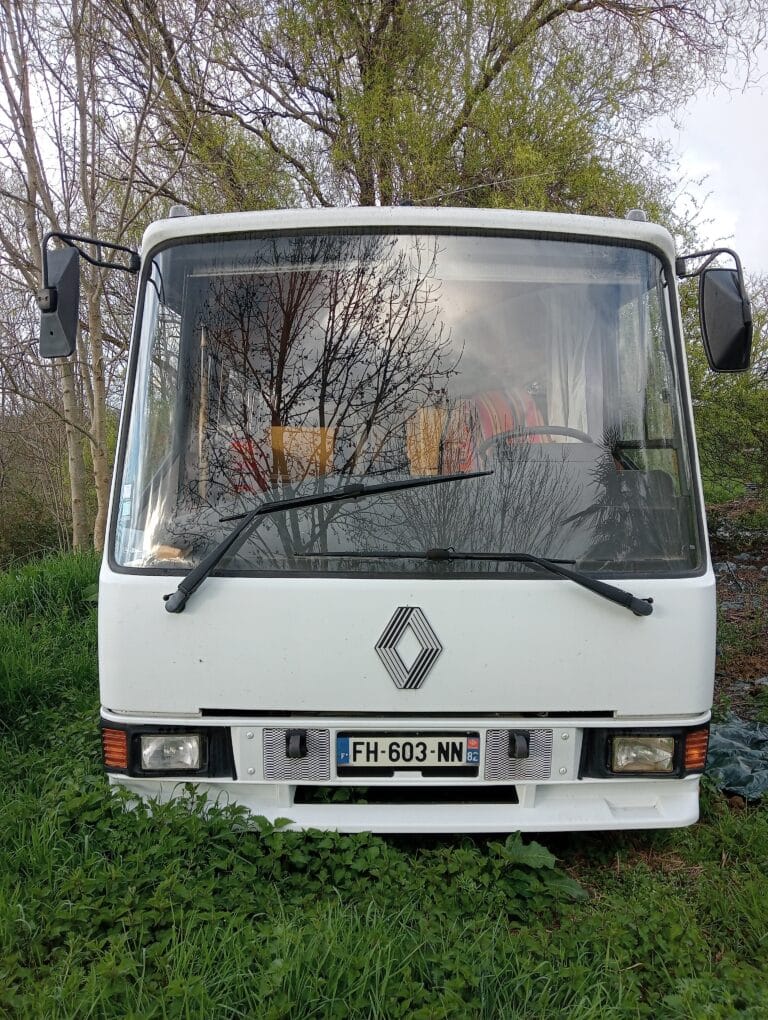 Camion blanc garé entre arbres et buissons.
