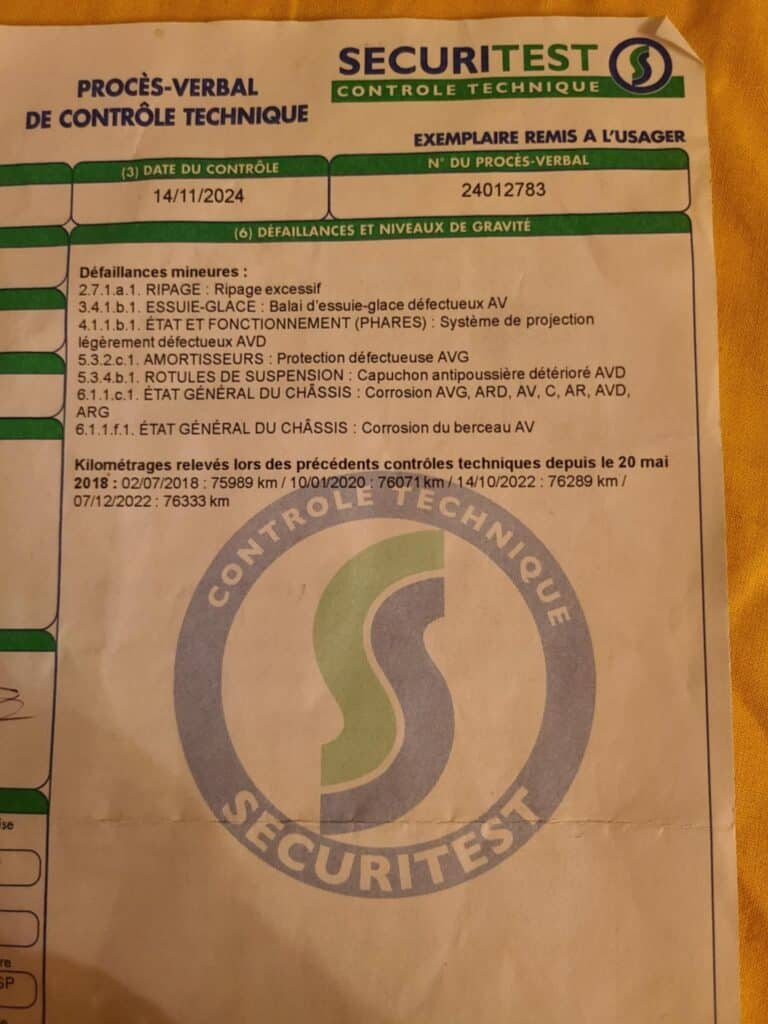 Procès-verbal de contrôle technique véhicule, Sécuritest