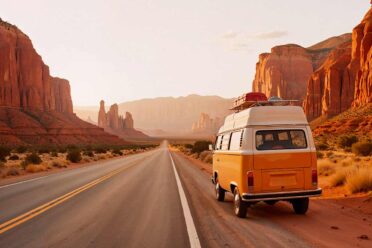 Fourgon jaune parcourt route désertique rocheuse au coucher soleil