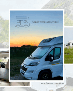 Camping-car moderne près d'un coucher de soleil