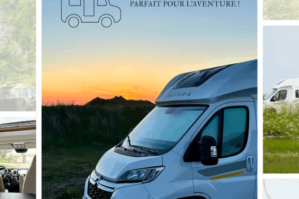 Camping-car moderne près d'un coucher de soleil