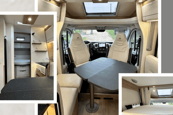 Moderner Innenraum von Wohnmobil hell und ausgestattet