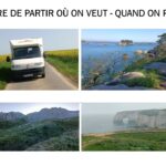 Collage quatre images, nature et véhicule de camping