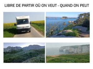 Collage quatre images, nature et véhicule de camping