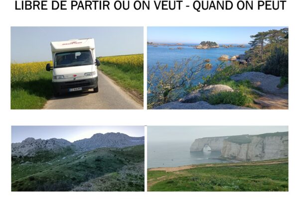 Collage quatre images, nature et véhicule de camping