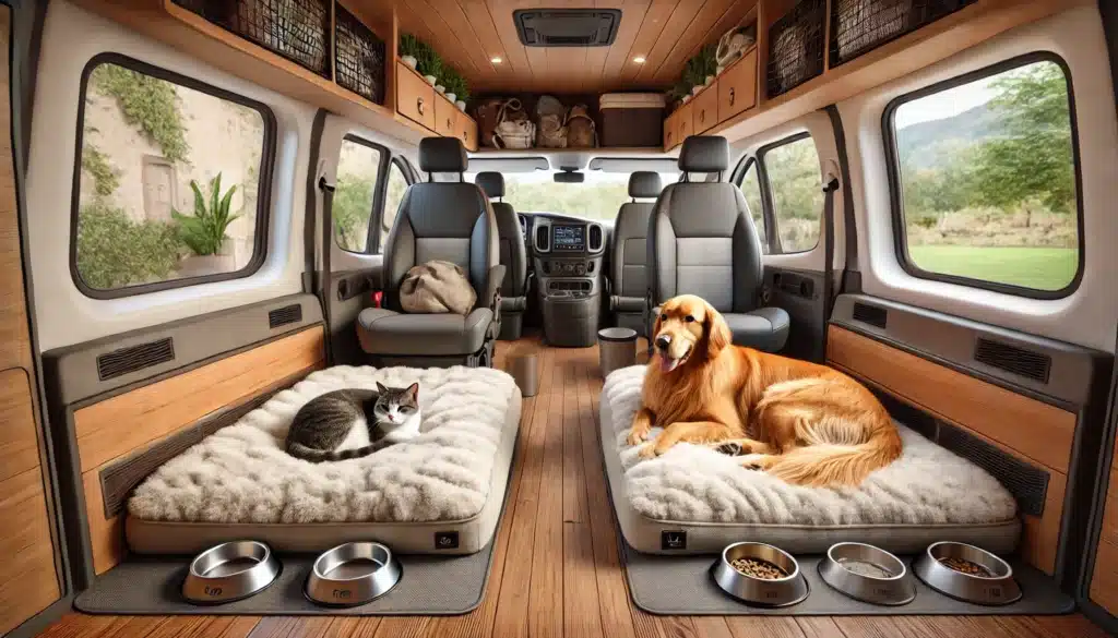Chat et chien dans un van aménagé confortable.