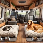 Chat et chien dans un van aménagé confortable.