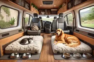 Chat et chien dans un van aménagé confortable.