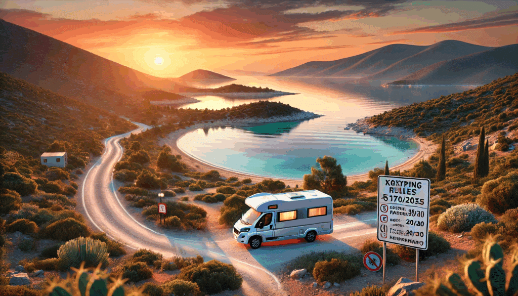 Camping-car sur route côtière au coucher du soleil.