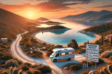 Camping-car sur route côtière au coucher du soleil.