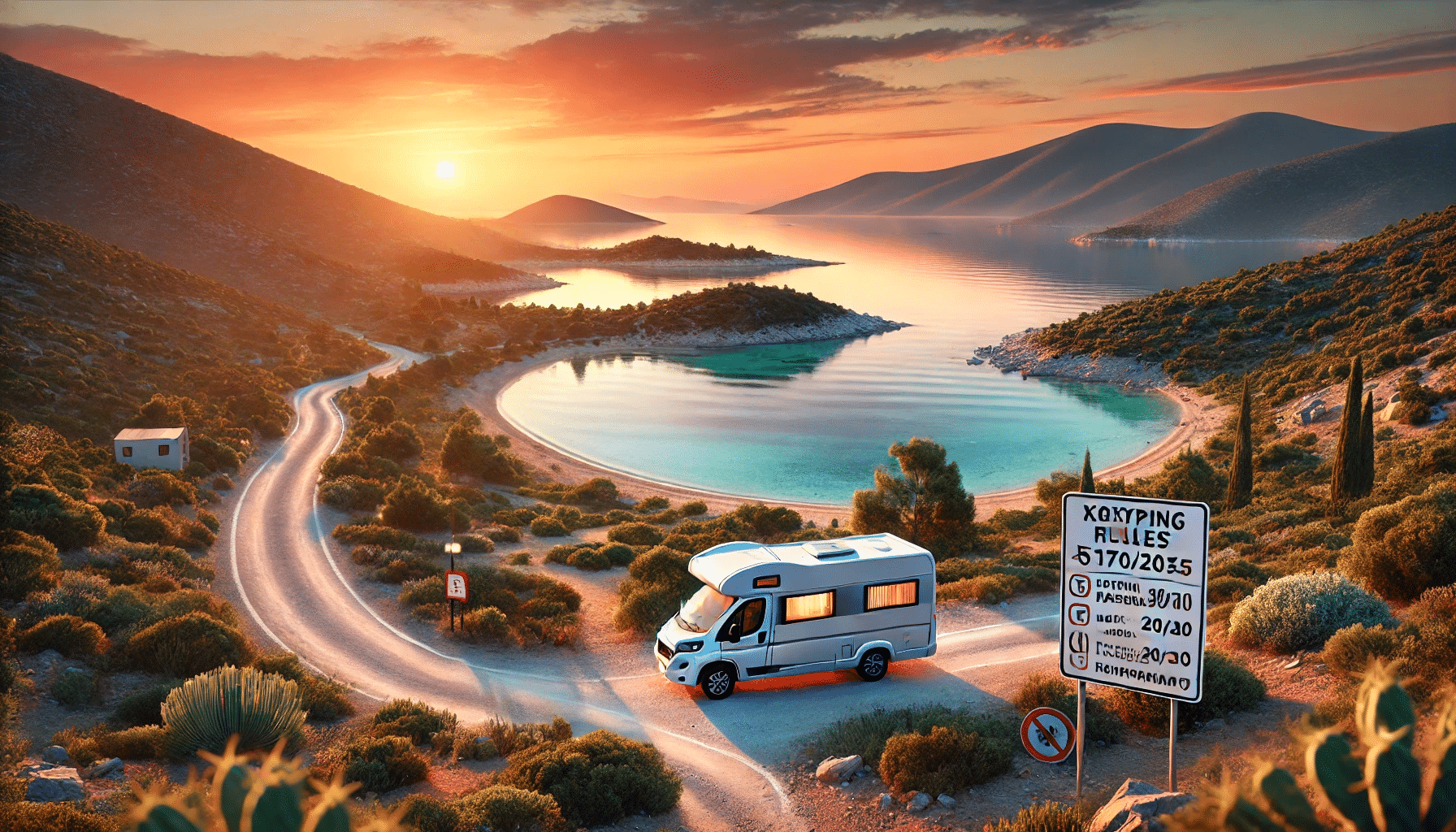 Camping-car sur route côtière au coucher du soleil.