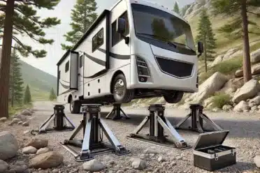 Camping-car surélevé avec vérins hydrauliques proche forêt montagneuse.