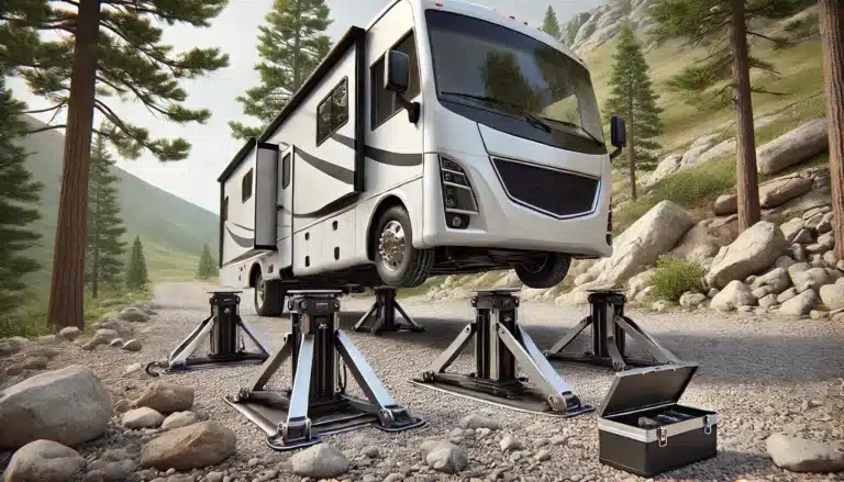 Camping-car surélevé avec vérins hydrauliques proche forêt montagneuse.