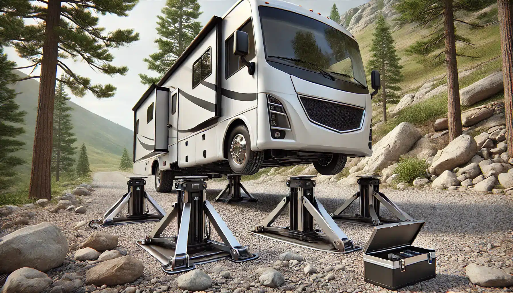 Camping-car surélevé avec vérins hydrauliques proche forêt montagneuse.