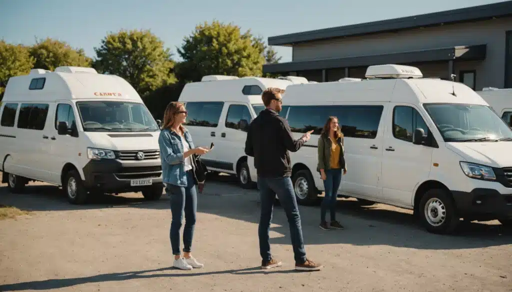 Personnes regardant des camping-cars blancs stationnés.
