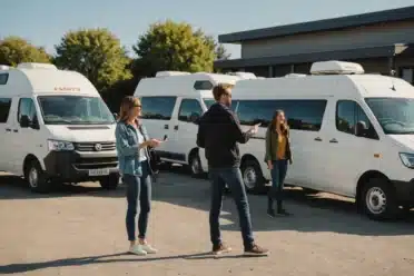 Personnes regardant des camping-cars blancs stationnés.