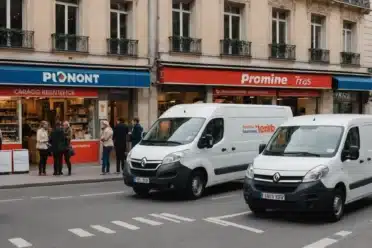 Véhicules devant boulangerie et passants en ville.