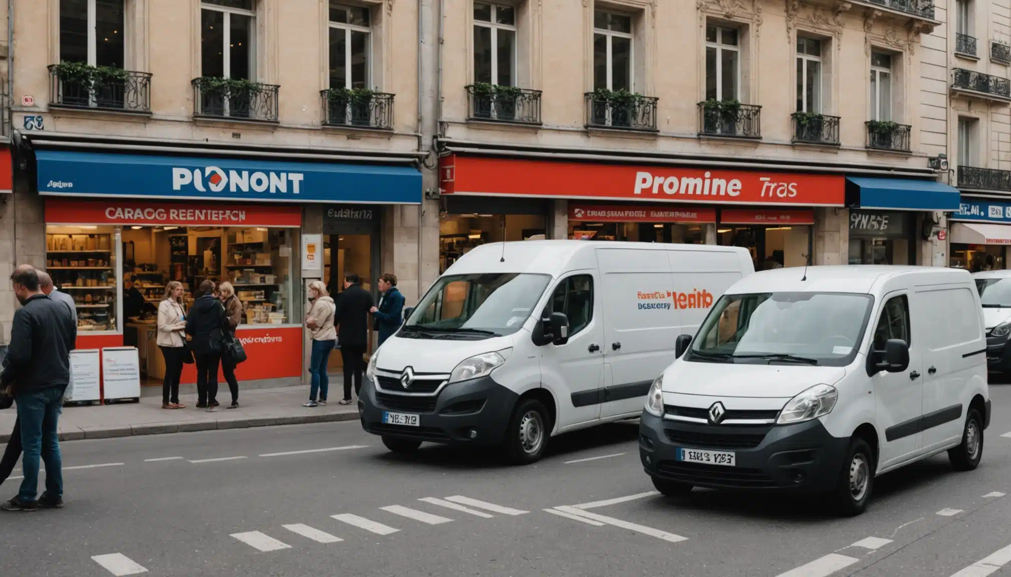 Véhicules devant boulangerie et passants en ville.