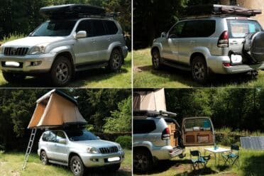 Auto con tenda e attrezzatura da campeggio all'aperto.