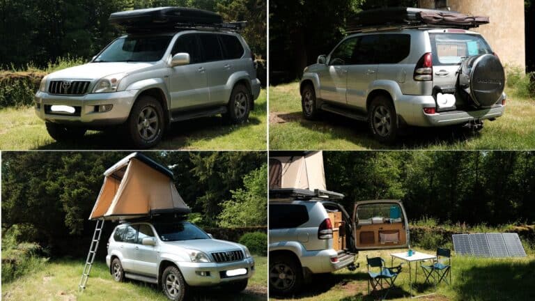 Voiture avec tente et équipement de camping en plein air.