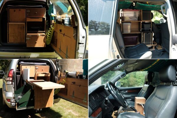 Intérieur de voiture aménagé pour le camping.