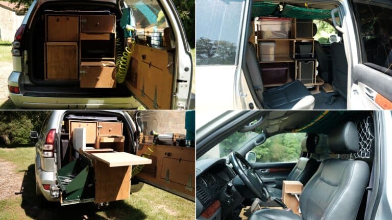 Intérieur de voiture aménagé pour le camping.