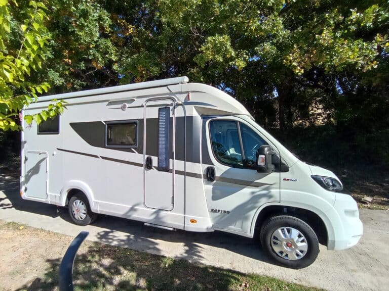 Camping-car blanc stationné sous les arbres verts