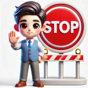 Personnage anime devant un panneau stop rouge amovible.