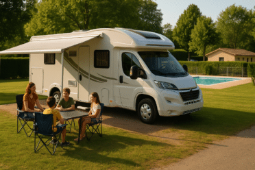 Famille campant près d'un camping-car et piscine