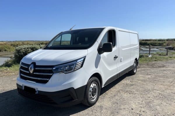Fourgon utilitaire blanc Renault stationné en campagne