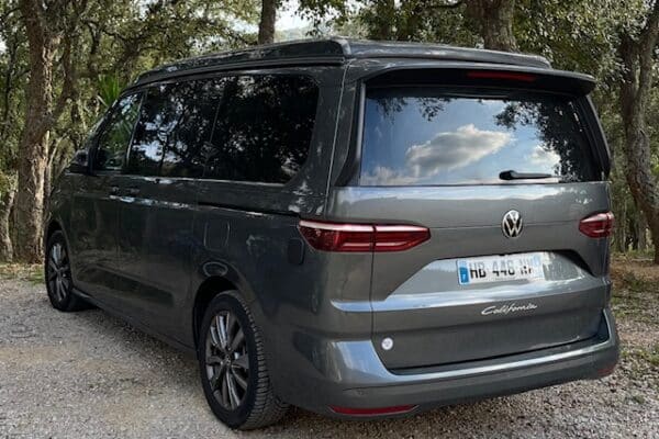 Van Volkswagen California gris stationné en forêt
