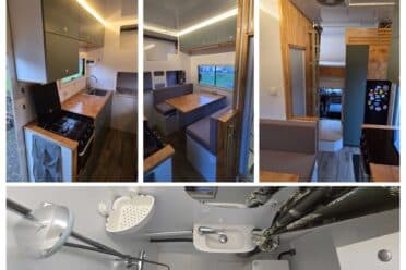 Intérieur aménagé de van avec cuisine et salle d’eau