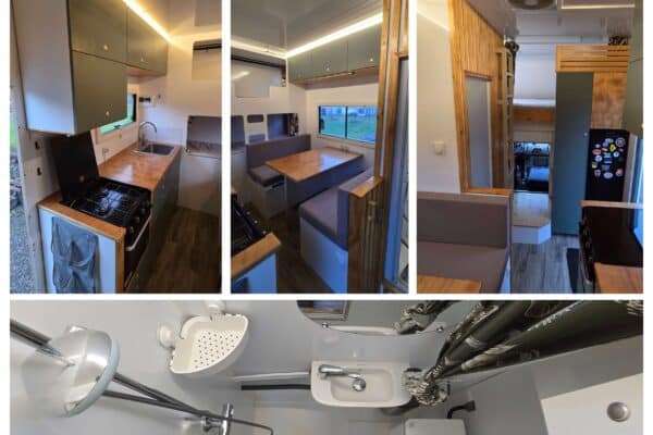 Intérieur aménagé de van avec cuisine et salle d’eau