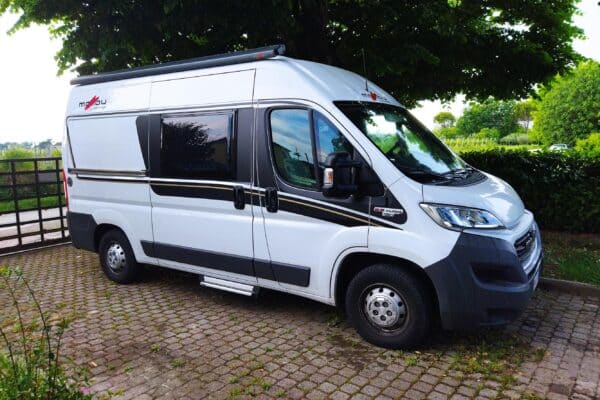 Camper van bianco parcheggiato sotto un albero