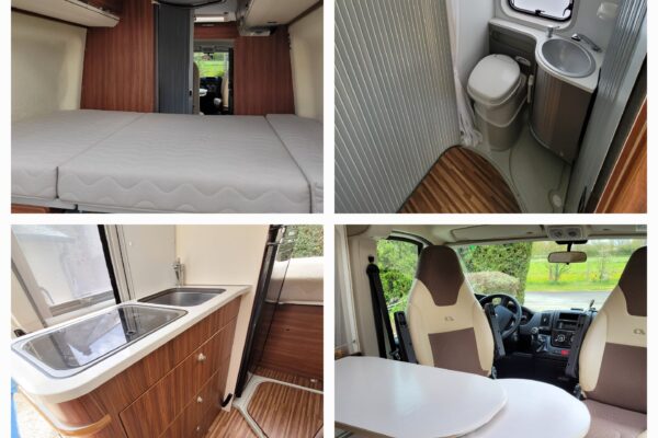 Intérieur de camping-car avec lit, cuisine et salle d’eau