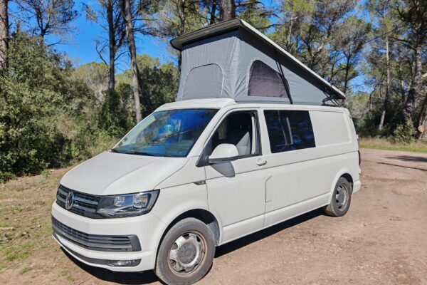 Van aménagé blanc avec toit relevable en forêt